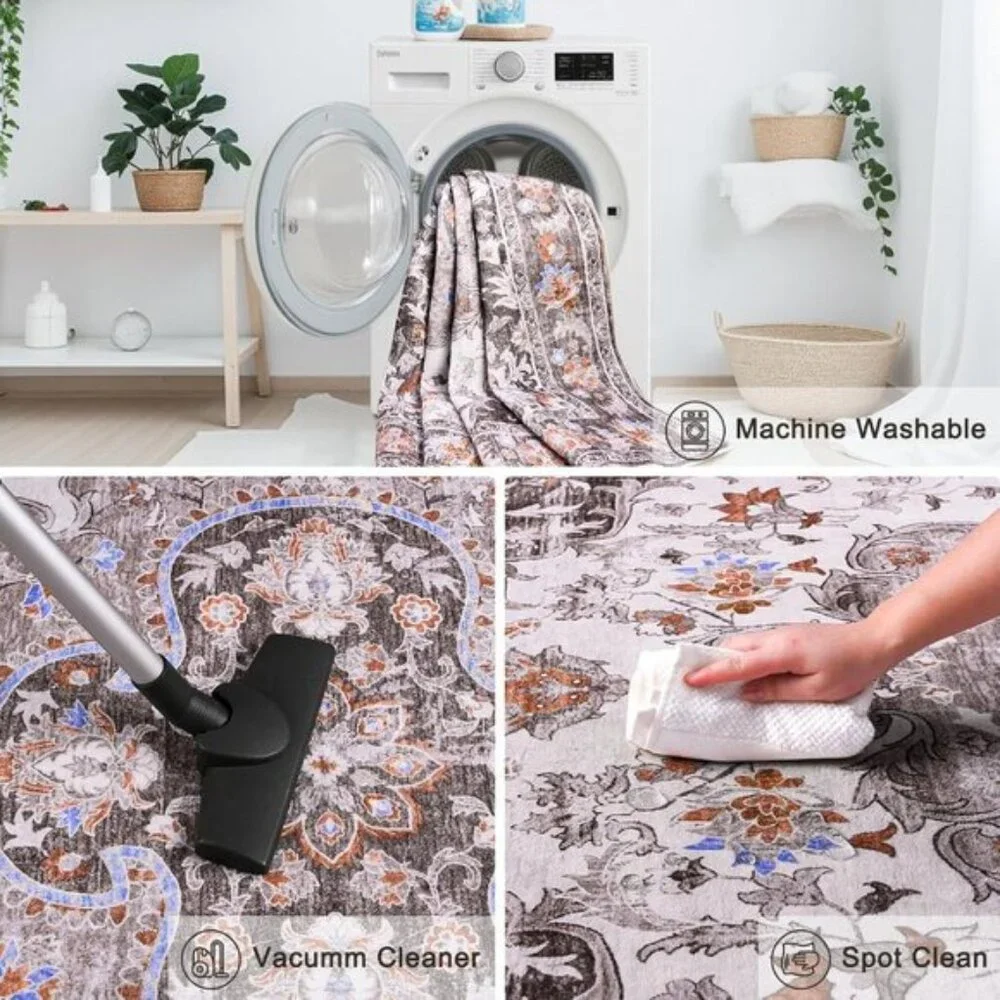 4x6 Washable Area Rug, Soft Low Pile Non-Slip Vintage Carpet for Home & Office